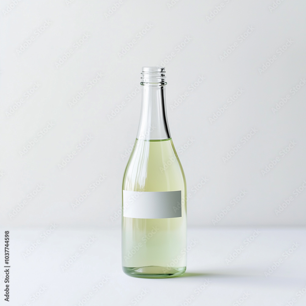 Minimalist Glass Bottle with a Simple Label, Filled with Light Green Liquid on a Clean White Surface, Generative AI Minimalist Glass Bottle with a Simple Label, Filled with Light Green Liquid on a Clean White Surface, Generative AI