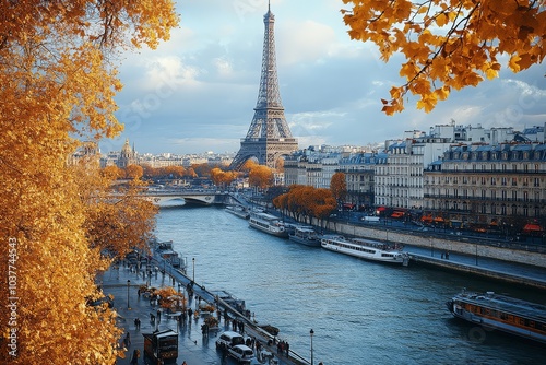 Tower by the Seine River during autumn