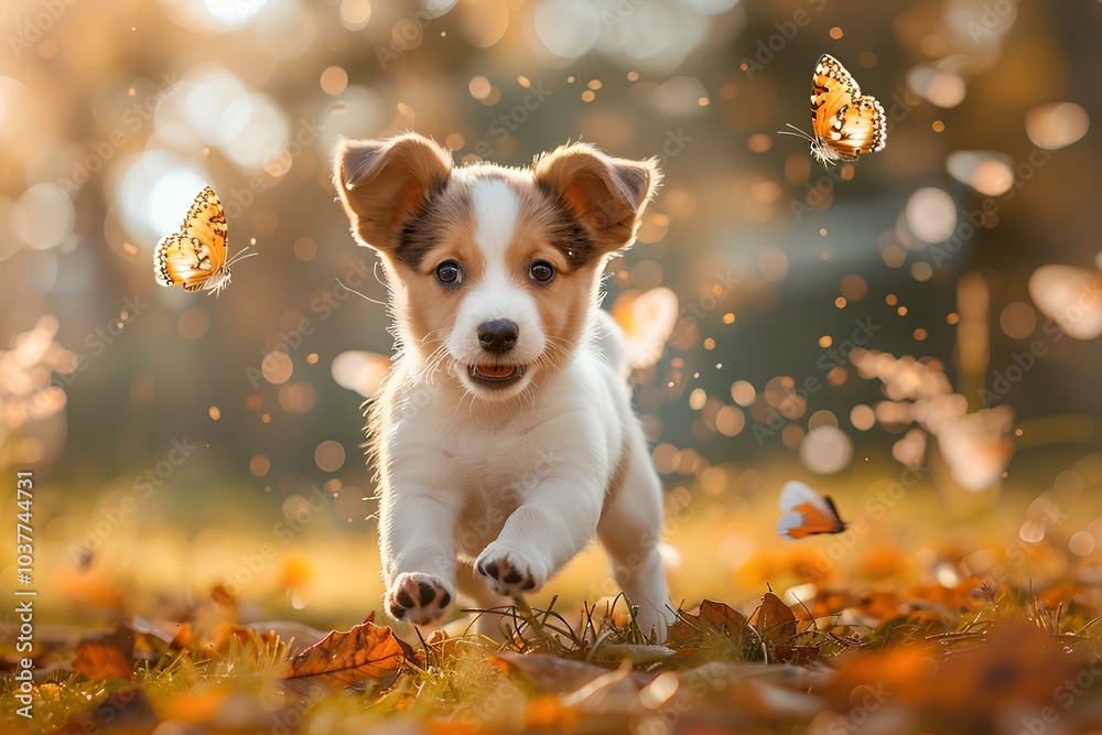A small brown and white dog chasing a butterfly