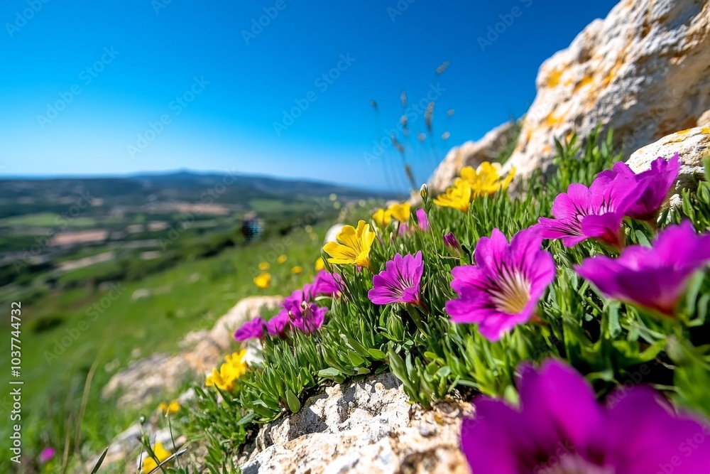 Obraz premium Rock rose plants scattered across a sun-drenched slope, their pink and yellow flowers glowing in the afternoon light