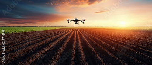 Drone flying over a plowed field at sunset, highlighting agricultural innovation and modern farming techniques. photo