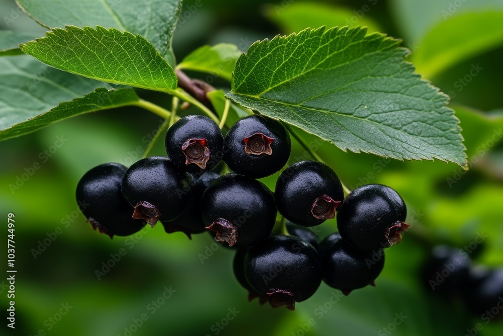 Saskatoon berries clustered on a branch, their deep purple color standing out against the green leaves Saskatoon berries clustered on a branch, their deep purple color standing out against the green leaves