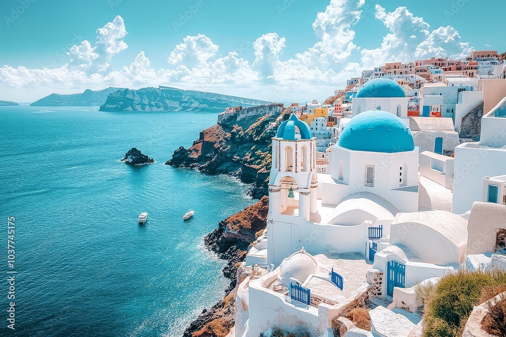 Naklejka premium Santorini village with whitewashed buildings and blue domes