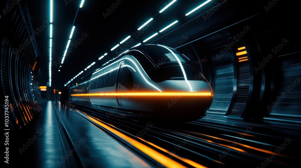 Futuristic high-speed train in a sleek tunnel with glowing lights. Futuristic high-speed train in a sleek tunnel with glowing lights.