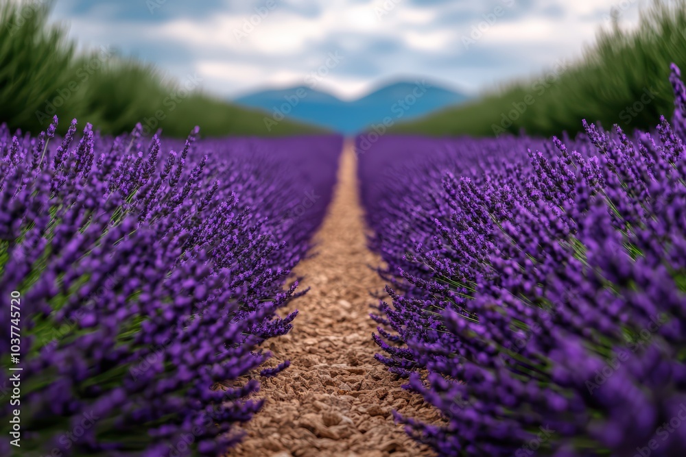 Obraz premium Lavender fields stretch toward distant mountains under a blue sky, creating a serene and vibrant landscape.
