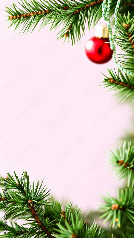 single red ornament on a green pine branch single red ornament on a green pine branch