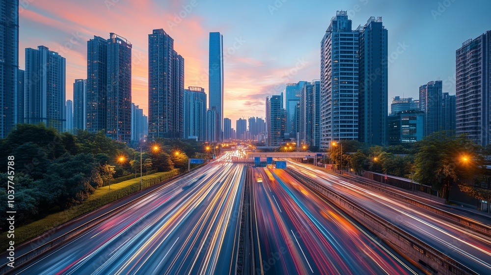 Fototapeta premium A dynamic cityscape at dusk, with motion blur of cars and light trails representing the speed and energy in urban travel