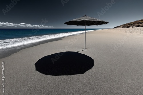 Single beach umbrella on an empty shore, casting a soft shadow on the sand, with gentle waves rolling in under a cloudless sky