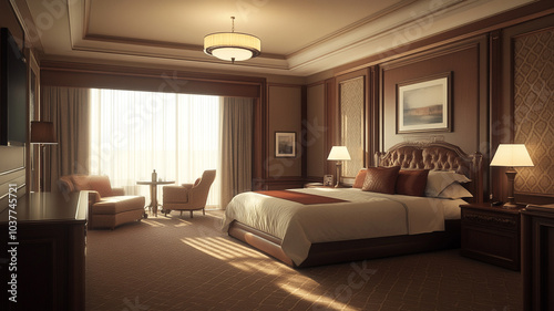 Luxurious hotel room with elegant furnishings and large windows allowing natural light at sunset