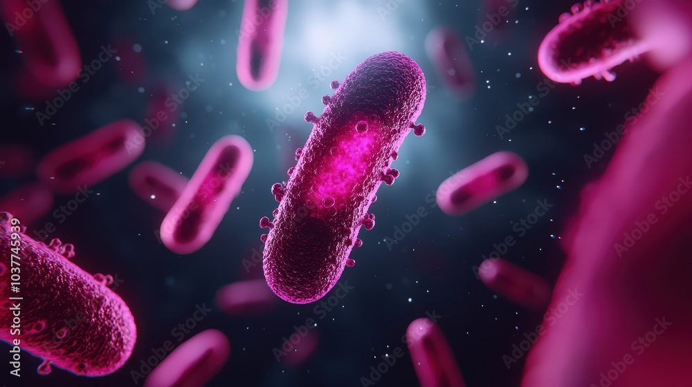 Microscopic view of vibrant pink bacteria floating in a dark background. Microscopic view of vibrant pink bacteria floating in a dark background.