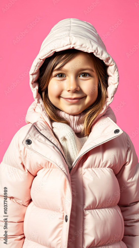 young girl with a bright smile wears a pink puffy jacket.