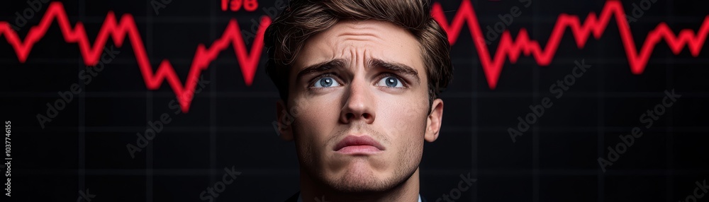 Obraz premium Pensive young man facing stock market decline, isolated on dark background.