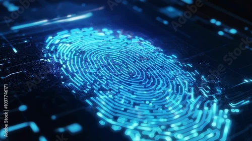 A blue image of a fingerprint is displayed on a screen