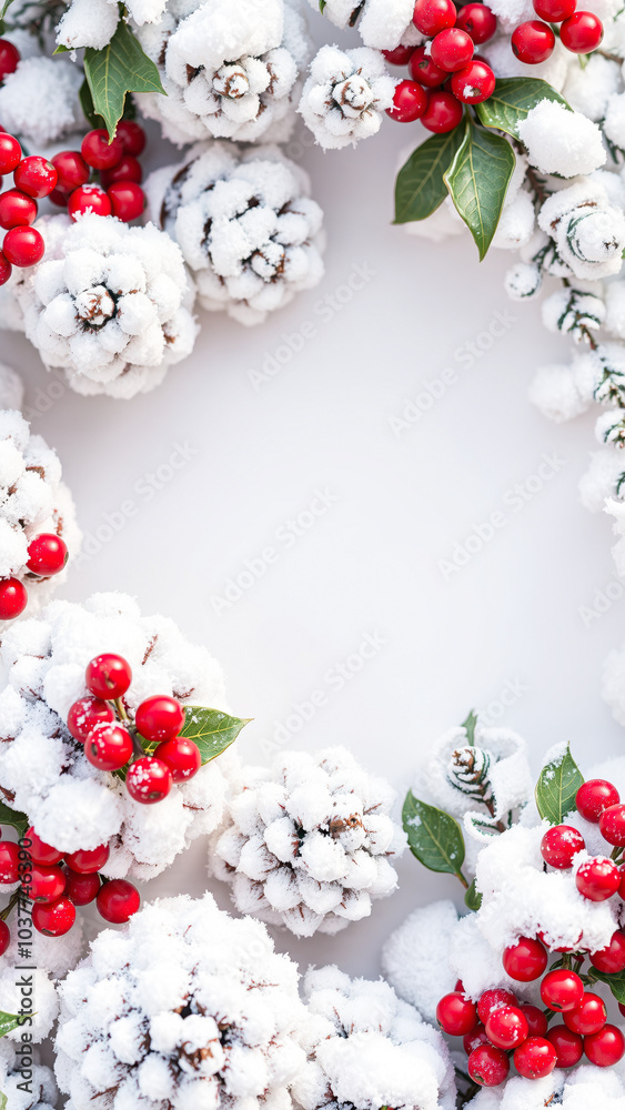 snow-covered pine cones holly berries form a circular frame