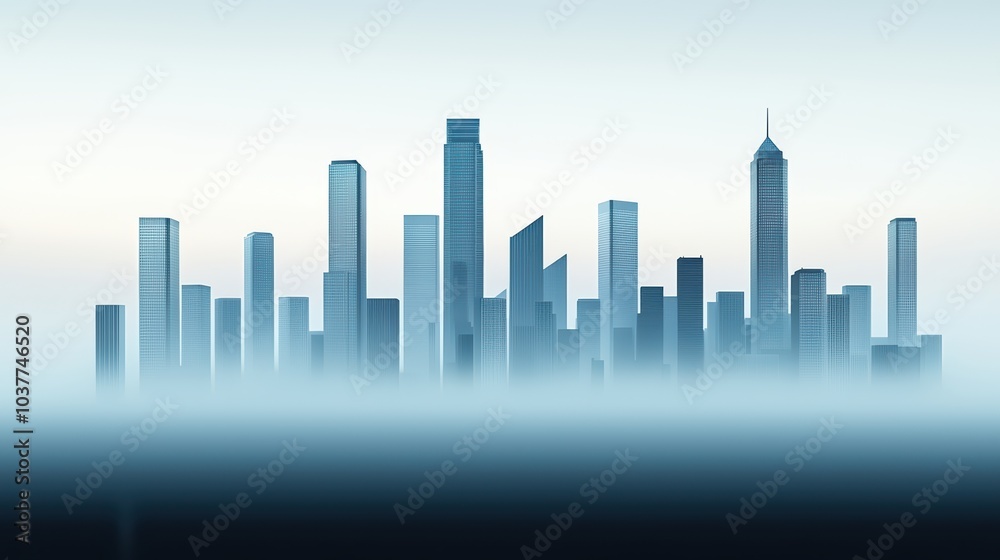 Fototapeta premium Silhouetted city skyline against a foggy backdrop, minimalistic design.