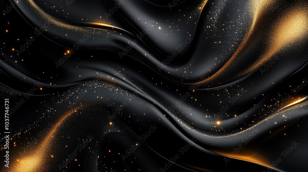Fototapeta premium Black and gold abstract background with flowing liquid shapes, creating a luxurious wallpaper or banner design