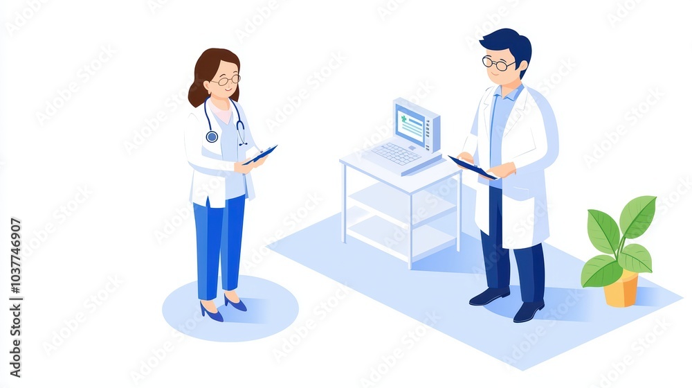 Two healthcare professionals discussing patient information in a modern clinic setting with technology. Two healthcare professionals discussing patient information in a modern clinic setting with technology.
