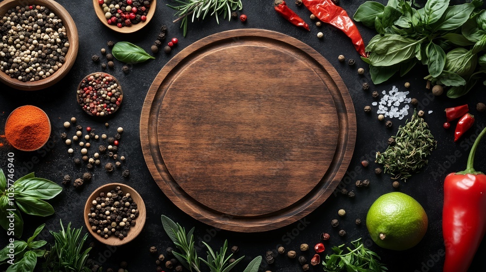 Dark background with a round wooden board surrounded by herbs and spices Dark background with a round wooden board surrounded by herbs and spices