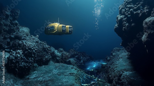 A robotic underwater exploration mission, deep-sea hydrothermal vents backdrop, Hydrothermal Exploration style photo