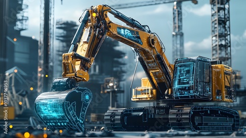 conceptual representation of the industry of the future, construction using technology without the use of man, an excavator based on artificial intelligence.