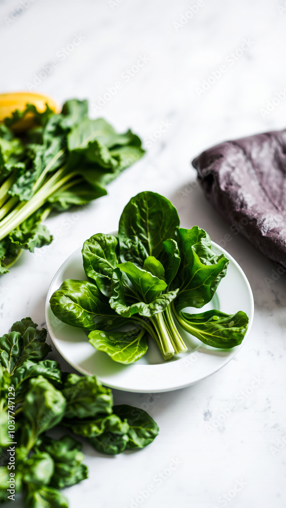 fresh green leafy vegetables on a white plate