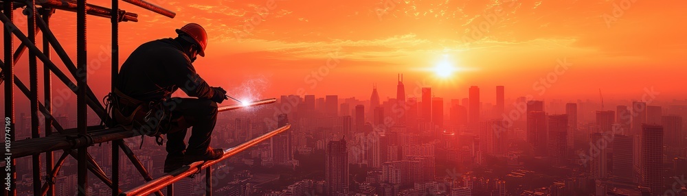 Fototapeta premium Worker welding at sunset in a city skyline, panoramic view showing urban construction.