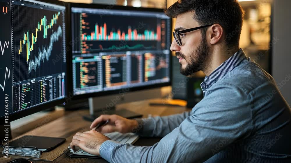 A man is sitting in front of two computer monitors