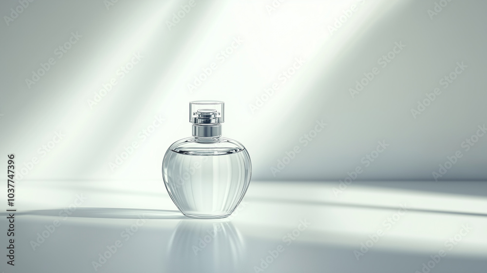 Minimalist Scene with a Single Glass Perfume Bottle on a Clean White Surface, Soft Lighting, Generative AI Minimalist Scene with a Single Glass Perfume Bottle on a Clean White Surface, Soft Lighting, Generative AI