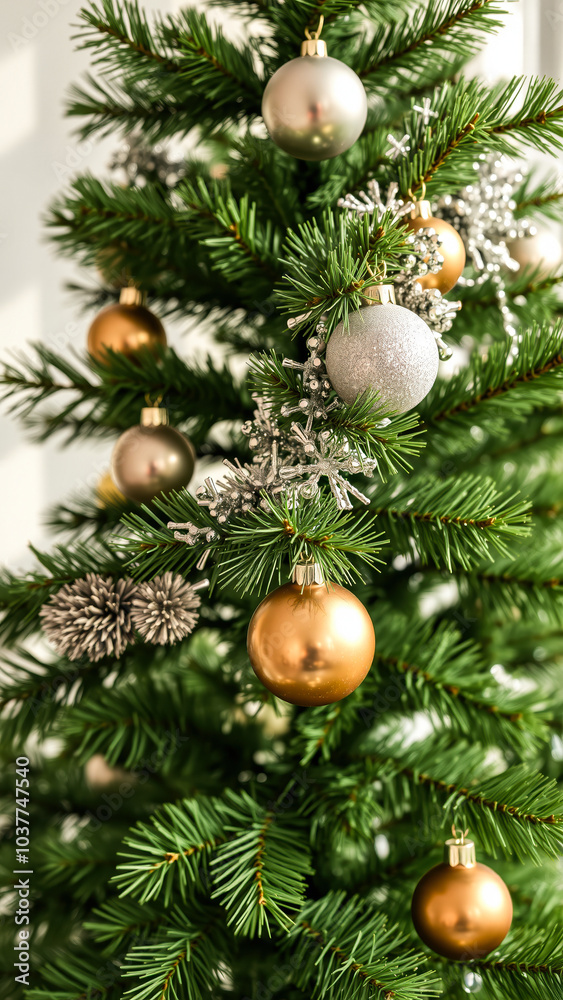 golden bauble on a decorated evergreen tree
