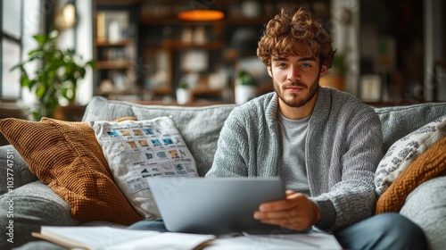 Cozy Home Office Setting with Man Relaxing on Comfortable Sofa