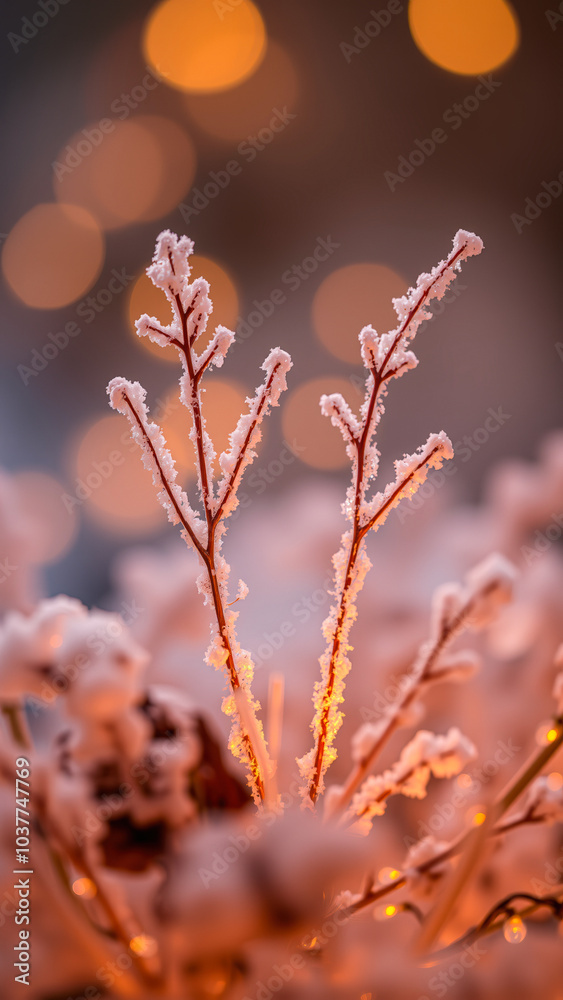 frost-covered branches glowing warm light