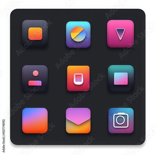 Neumorphic App Icons: A collection of 9  unique and modern app icons with a neumorphic design, featuring vibrant color gradients and subtle shadow effects. The icons are set against a dark background.