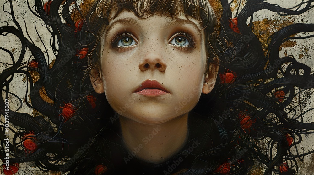 A Young Girl's Dreamlike Portrait with Red Accents A Young Girl's Dreamlike Portrait with Red Accents