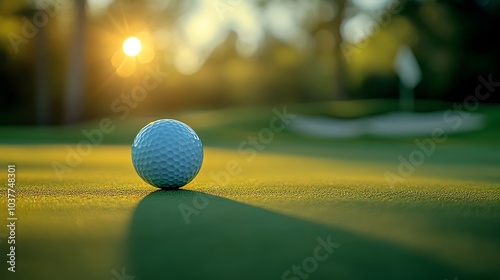 Golf ball on green at sunset