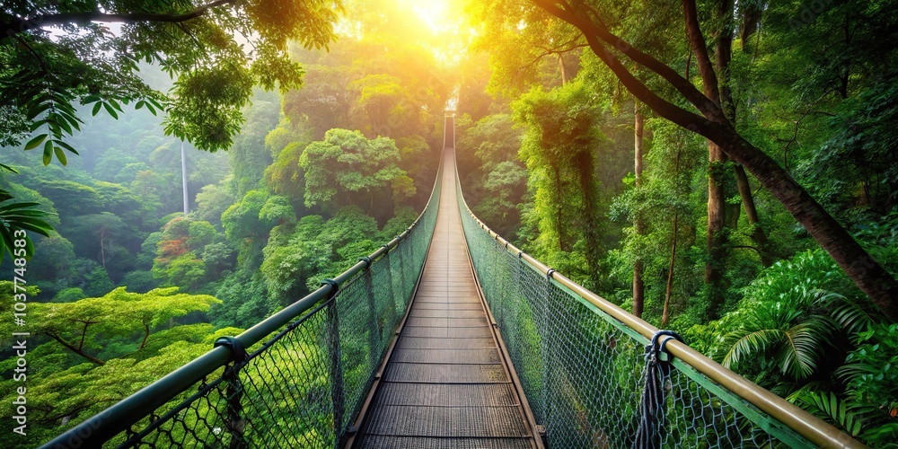 Fototapeta premium Macro Canopy Walkway Landscape Suspended bridges lush treetops and the forest floor below Stunning canopy walkway