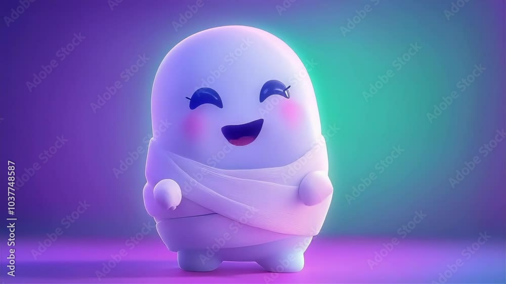 A cute cartoon ghost character wrapped in bandages, smiling against a vibrant purple backdrop. A cute cartoon ghost character wrapped in bandages, smiling against a vibrant purple backdrop.