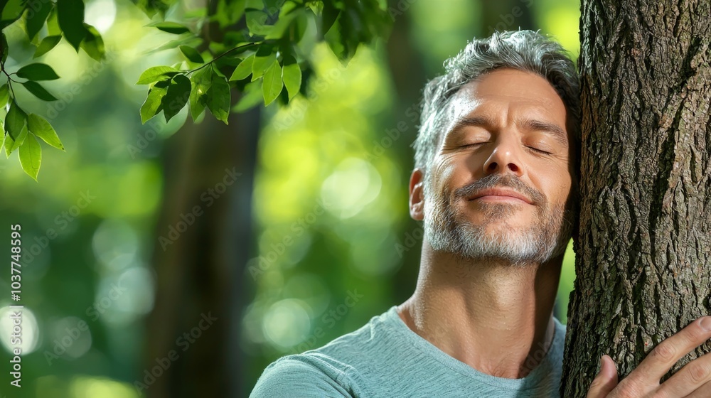 Man hugging green tree in forest, embracing tree trunk with hands. Giving hug to old tree - concept of nature love, sustainable development and environment protection Man hugging green tree in forest, embracing tree trunk with hands. Giving hug to old tree - concept of nature love, sustainable development and environment protection