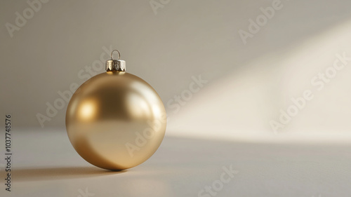 A golden Christmas ornament resting on a flat surface with soft lighting from the window