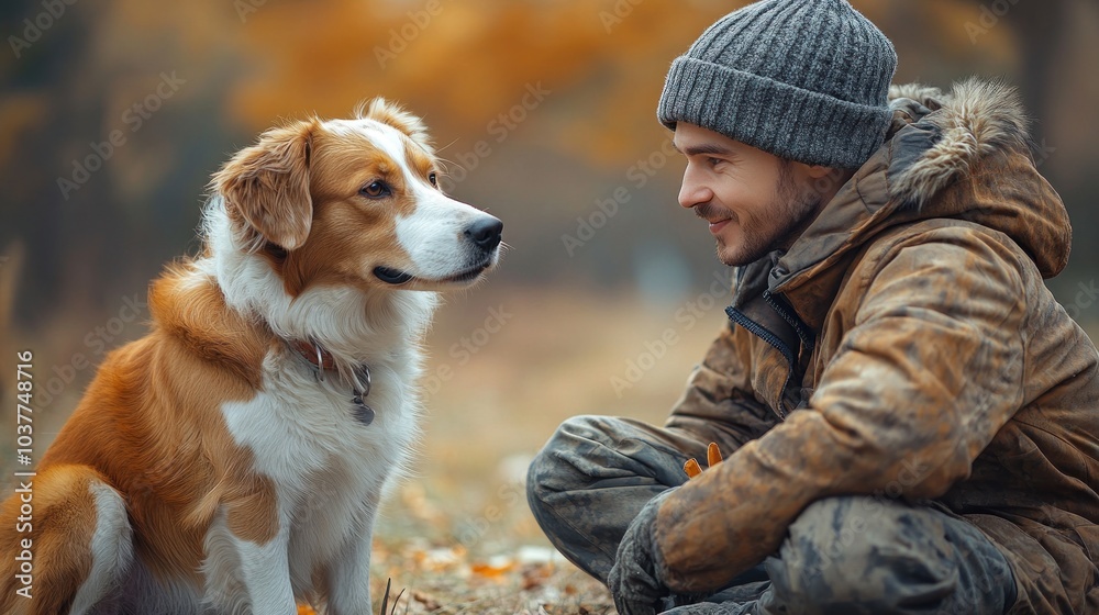 A man and his dog share a moment in a serene autumn setting. A man and his dog share a moment in a serene autumn setting.