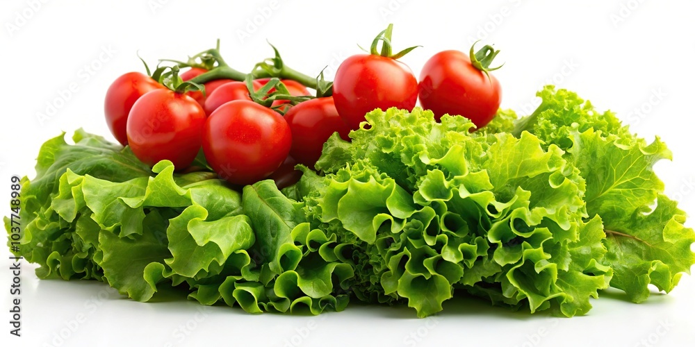 Macro close-up of fresh lettuce leaves and tomatoes on a white background Macro close-up of fresh lettuce leaves and tomatoes on a white background