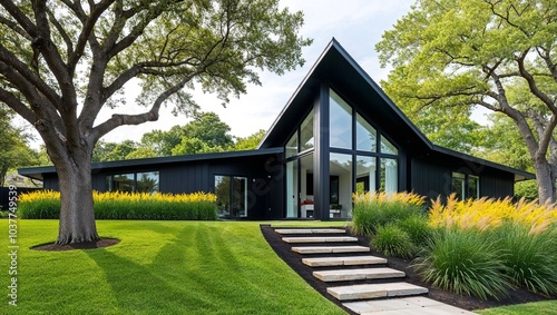 modern architectural style house with a unique angular roof design, set amidst a lush green landscape. The house features dark, sleek exterior walls with large glass windows,