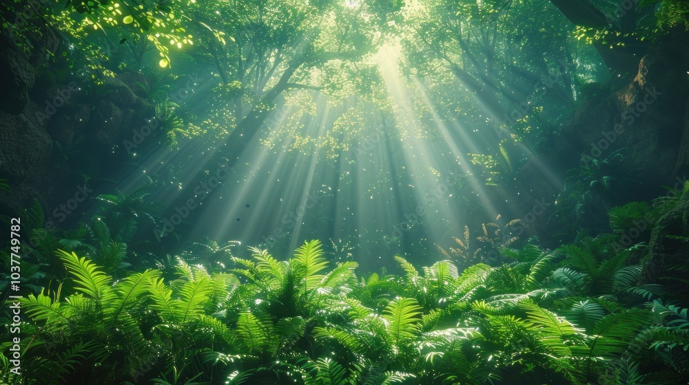 Sunlight Beams Through Lush Green Forest Sunlight Beams Through Lush Green Forest