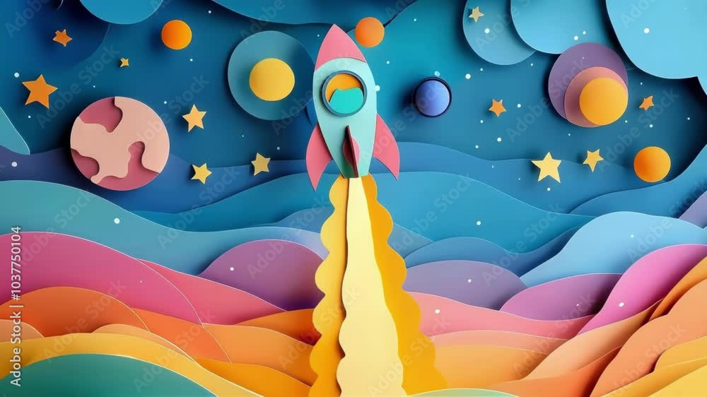 Colorful paper rocket launches into a vibrant, stylized cosmic landscape.