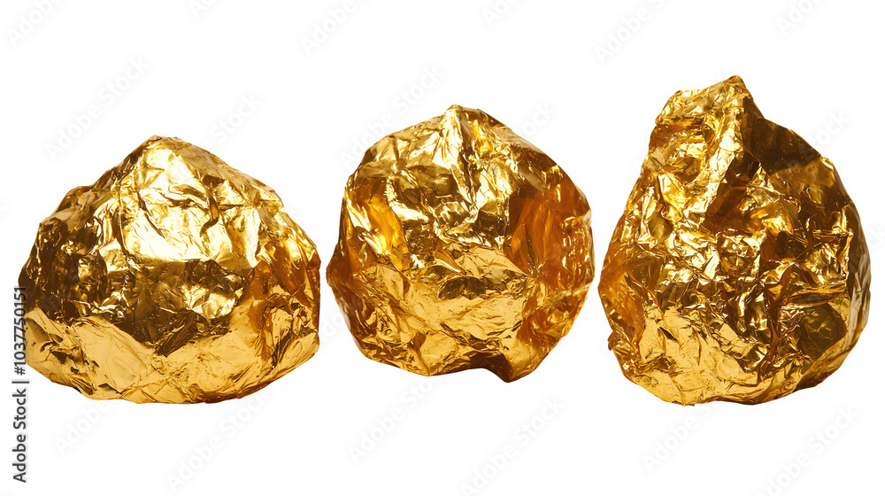 Shiny Gold Foil Rocks on White Background, transparent bg Shiny Gold Foil Rocks on White Background, transparent bg