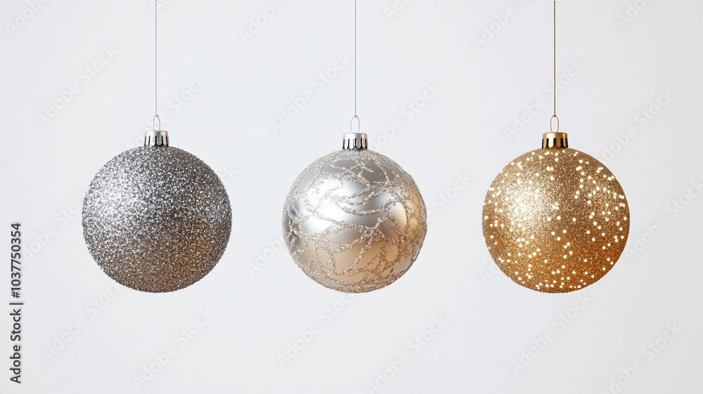 Decorative ornaments hanging on strings for a festive Christmas celebration Decorative ornaments hanging on strings for a festive Christmas celebration