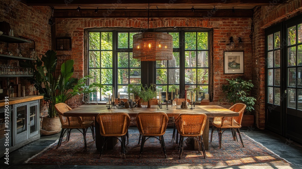 Cozy dining room with rustic decor and large windows. Cozy dining room with rustic decor and large windows.