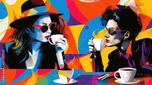 Two stylish women in sunglasses enjoying coffee together,  illustrated in a vibrant, abstract style.