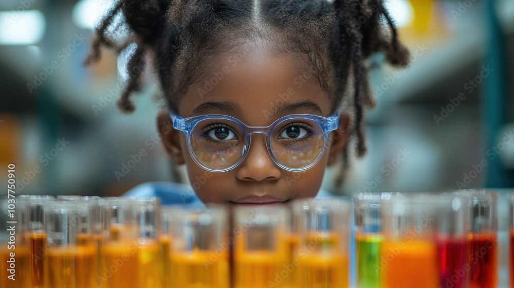 A young girl with glasses observes colorful test tubes in a lab.