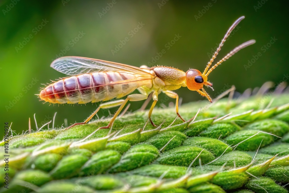 Macro image of Rose thrips Thrips fuscipennis under microscope Macro image of Rose thrips Thrips fuscipennis under microscope