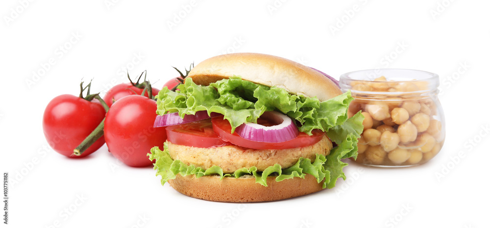 Delicious vegetarian burger with chickpea cutlet and ingredients isolated on white Delicious vegetarian burger with chickpea cutlet and ingredients isolated on white